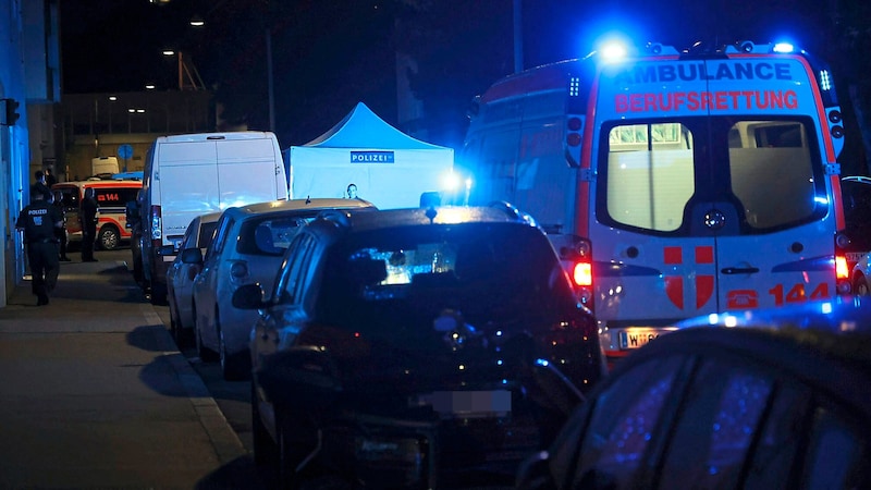 Einsatzkräfte mit Blaulicht am Tatort (Bild: Zwefo/Krone KREATIV)