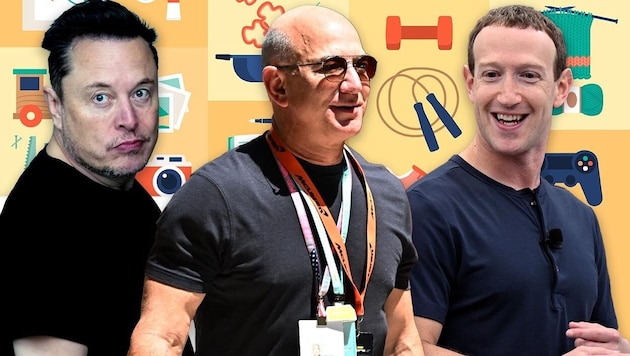 Tech heads like Elon Musk (left), Jeff Bezos (center) and Mark Zuckerberg (right) have some (extra)ordinary hobbies. (Bild: Krone KREATIV/elenabsl – stock.adobe.com, AFP/Chandan Khanna, AP/Ebrahim Noroozi, AFP/Josh Edelson)