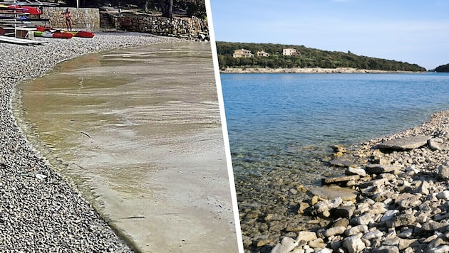 Rechts die Adria vor vier Wochen, links die braune Suppe vom vergangenen Wochenende. (Bild: Krone KREATIV/Ekelstrand: zVg Schöner Strand: Leserreporter)