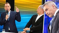 Vilimsky (FPÖ), Schieder (SPÖ) – die Stimmung im ORF-Studio ließ auch bei Kanzler Nehammer (ÖVP) die Alarmglocken schrillen. (Bild: Krone KREATIV/APA/Tobias Steinmaurer, APA/Georg Hochmuth)