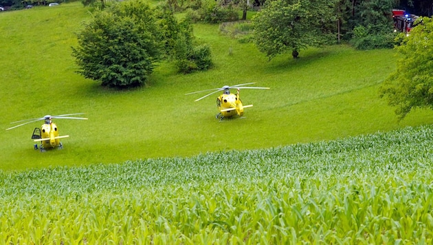 A szörnyű eset helyszínére többek között két helikoptert is vezényeltek. (Bild: APA/BFVFB/C. KARNER)