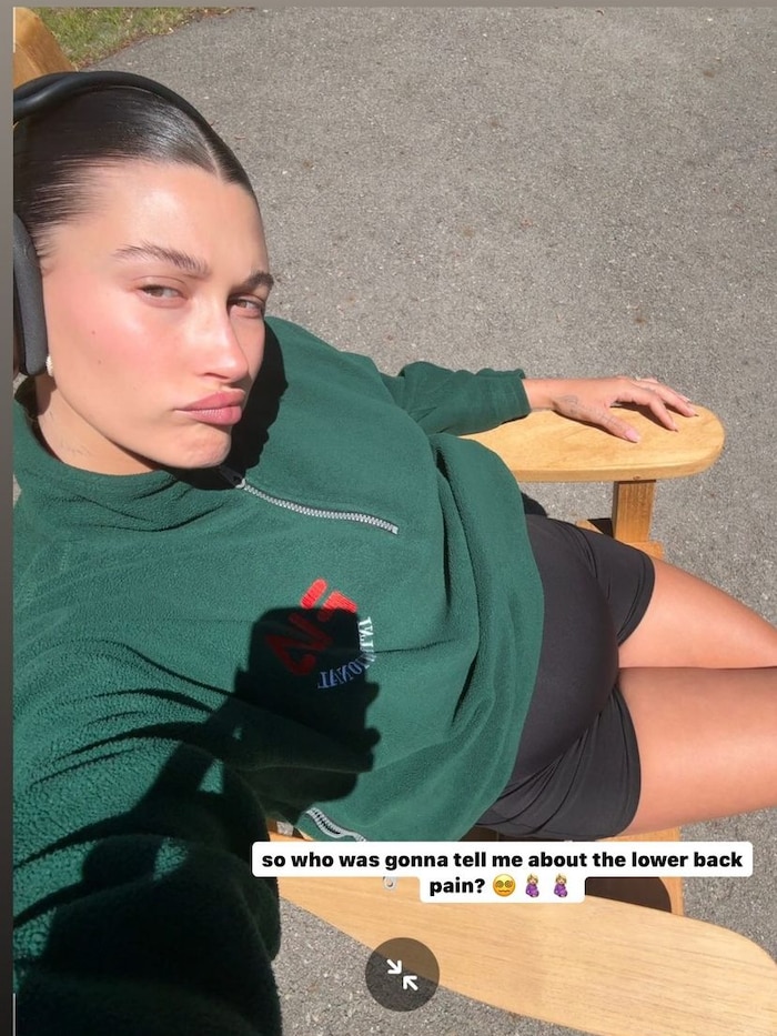 Hailey Bieber complained about pain in her lower back in her Instagram story.