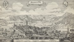 Ansicht von St. Veit von 1649: rechts vorne die heutige Klosterkirche (Bild: Merian Landesarchiv Kärnten)