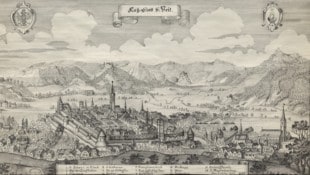 Ansicht von St. Veit von 1649: rechts vorne die heutige Klosterkirche (Bild: Merian Landesarchiv Kärnten)