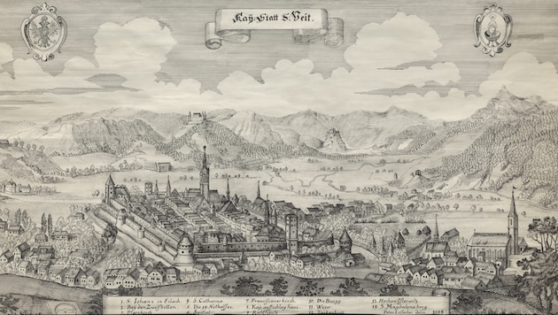 Szent Vitus látképe 1649-ből: jobbra az előtérben a mai kolostortemplom. (Bild: Merian Landesarchiv Kärnten)