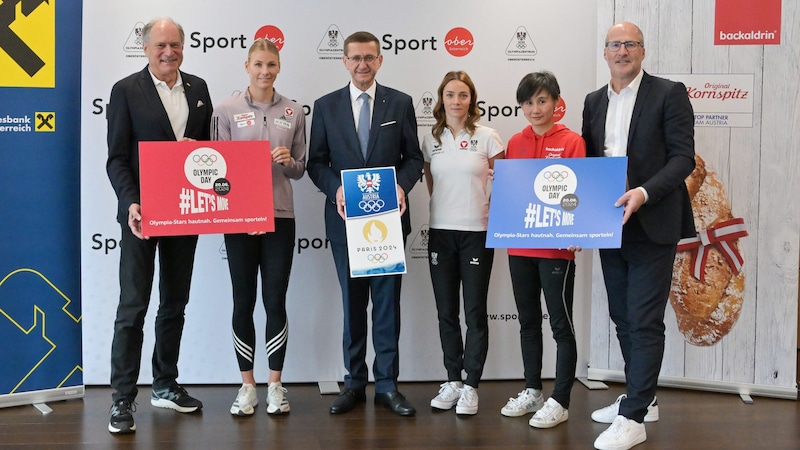 Vorfreude auf den Olympic Day bei Peter Mennel, Verena Mayr, Markus Achleitner, Bettina Plank, Liu Jia und Gerhard Rumetshofer (Bild: GEPA pictures)