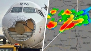 Dass das Gewitter nicht zu sehen gewesen war, scheint in Anbetracht dieses Radarbildes, das die Route des AUA-Flugs zeigt, unmöglich.  (Bild: Krone KREATIV/Kachelmann)