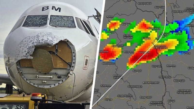 AUA uçağının rotasını gösteren bu radar görüntüsü göz önüne alındığında, fırtınanın görülmemiş olması mümkün görünmüyor. (Bild: Krone KREATIV/Kachelmann)