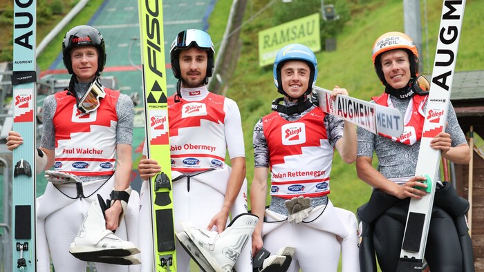 In summer, the combined skiers mainly train on ski mats.