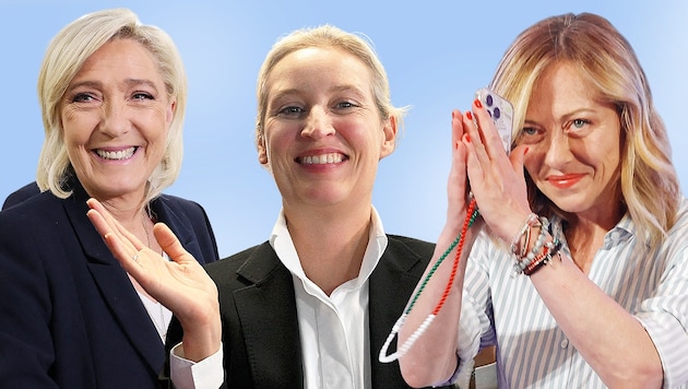 Le Pen, Weidel und Meloni (v.l.n.r.) – der Rechtsruck in der EU ist weiblich. (Bild: Krone KREATIV/EPA/Giuseppe Lami, AFP/Francois Lo Presti, AFP/Ralf Hirschberger)