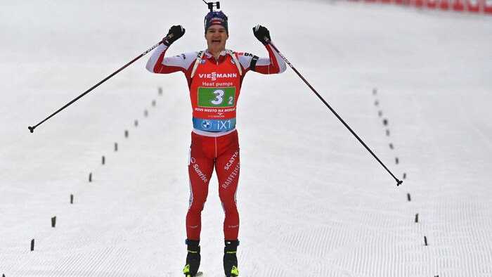 Niklas Hartweg celebrates second place in Nove Mesto in March 2023.