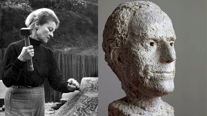 Sculptor Anna Mahler with the bust she created of her father, the composer Gustav Mahler