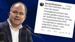 „Erbärmlich“ nannte „Standard“-Chef Riedmann ein Urteil des OGH – er löschte den Tweet später und entschuldigte sich. (Bild: Krone KREATIV/APA/Tobias Steinmaurer, x.com)