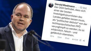 „Erbärmlich“ nannte „Standard“-Chef Riedmann ein Urteil des OGH – er löschte den Tweet später und entschuldigte sich. (Bild: Krone KREATIV/APA/Tobias Steinmaurer, x.com)