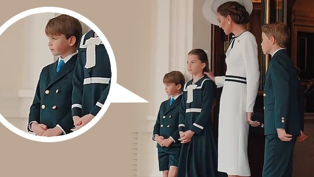 Prenses Kate çocuklarıyla birlikte "Trooping The Colour" geçit töreni için arabayı beklerken Prens Louis rahat bir şekilde duvara yaslanıyor. (Bild: Krone KREATIV/Kensington Palast)
