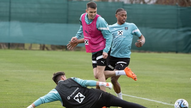 Dejan Ljubicic (Mitte) beim ÖFB-Training mit Junior Adamu und Heinz Lindner vor einem Jahr. In den EM-Kader schaffte es der Mittelfeldspieler nicht. (Bild: APA/EXPA/REINHARD EISENBAUER)