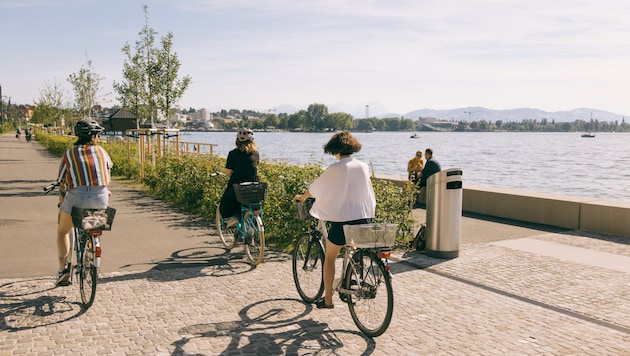 The cycle path along the pipeline between Bregenz and Lochau is particularly popular. (Bild: Kirstin Tödtling – Bodensee-Vorarlberg Tourismus)