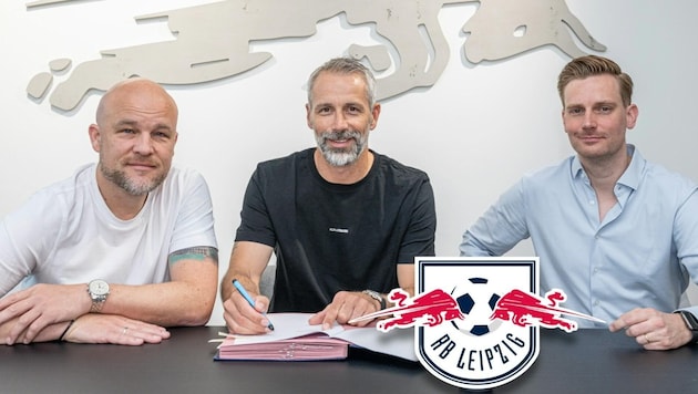 RBL sports director Rouven Schröder, Marco Rose and RBL managing director Johann Plenge (Bild: AFP/AFP / SID)