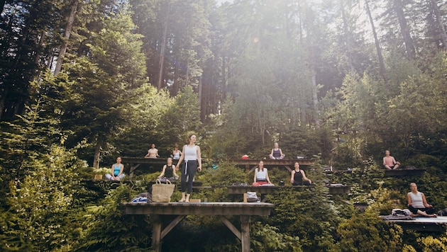 Fernab der Massen auf 1100 Höhenmetern im Bergwald, der zum Priesteregg gehört, ist Yoga- Lehrerin Renate Oberlader in ihrem Element – es ist ein einzigartiger Platz für Asanas auf dem Berg! (Bild: www.alina-atzler.de)