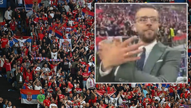 Kosovar journalist Arlind Sadiku was banned from the tournament for the double-headed eagle gesture. (Bild: APA/AFP/OZAN KOSE, twitter.com/kosovarfootball)