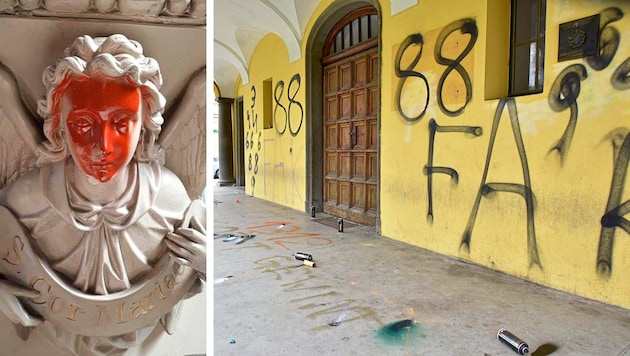 2020 beschmierten Vandalen die Kreuzkirche (rechts) im Grazer Volksgarten, 2022 verwüsteten Satanisten die Vinzenzkirche (links) von Pfarrer Wolfgang Pucher. (Bild: Krone KREATIV/Wolfgang Pucher, Richard Heintz)