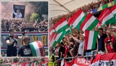 Ungarische Fans marschierten mit einem „Free Gigi“-Banner durch Stuttgart. (Bild: Associated Press, twitter.com/ReimondHoffmann)