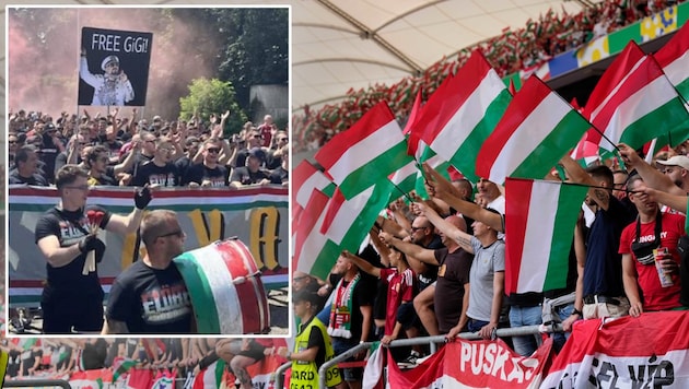 Ungarische Fans marschierten mit einem „Free Gigi“-Banner durch Stuttgart. (Bild: Associated Press, twitter.com/ReimondHoffmann)