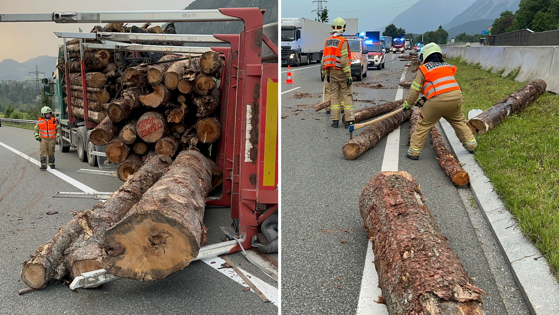Çok sayıda ağaç gövdesi A12 otoyoluna saçıldı. İtfaiye ve Asfinag yardım etmek zorunda kaldı. (Bild: ZOOM Tirol)