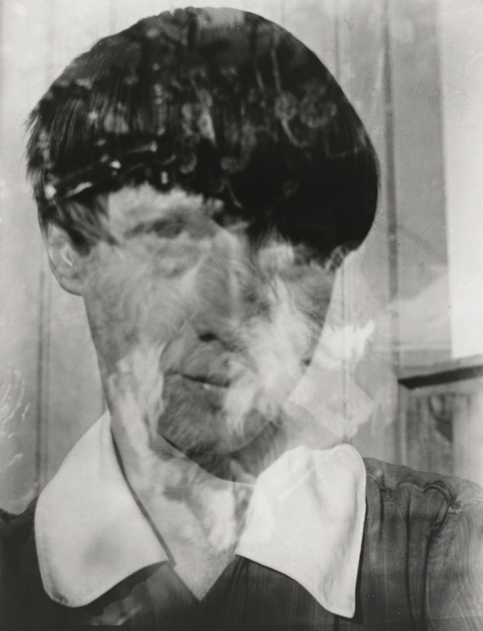 Double-exposure portrait of Hannah Höch.