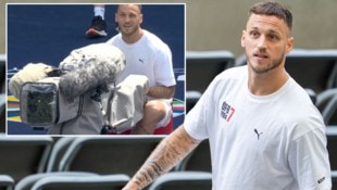 Marko Arnautovic übte sich als Kameramann. (Bild: APA/GEORG HOCHMUTH, Screenshot UEFA 2024, Krone Kreativ)