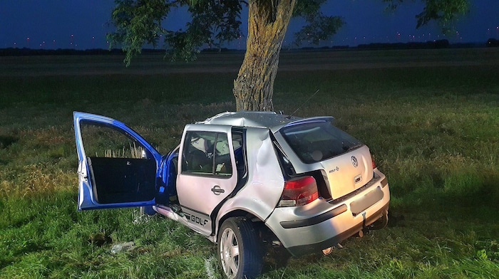 The VW Golf crashed with full force into a scattered tree at the side of the road.