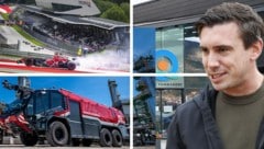 Red-Bull-Erbe Mark Mateschitz hält Beteiligungen am Red-Bull-Ring (o.), an der Therme Aqualux (r.o.) in Fohns- dorf und steigt nun bei Rosen- bauer (r.) ein. (Bild: Krone KREATIV/Michael Jurtin/Red Bull Ring, Sepp Pail, Rosenbauer International, www.picturedesk.com/APA)