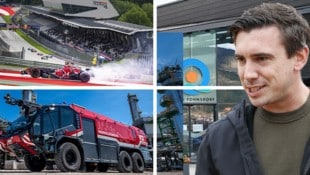 Red-Bull-Erbe Mark Mateschitz hält Beteiligungen am Red-Bull-Ring (o.), an der Therme Aqualux (r.o.) in Fohns- dorf und steigt nun bei Rosen- bauer (r.) ein. (Bild: Krone KREATIV/Michael Jurtin/Red Bull Ring, Sepp Pail, Rosenbauer International, www.picturedesk.com/APA)