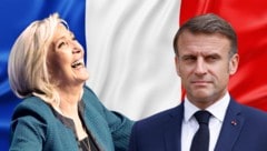 Rechten-Ikone Marine Le Pen freut sich, Präsident Macron schaut skeptisch. (Bild: Krone KREATIV/stock.adobe.com, www.picturedesk.com (2))