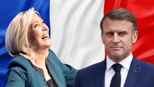 Rechten-Ikone Marine Le Pen freut sich, Präsident Macron schaut skeptisch. (Bild: Krone KREATIV/stock.adobe.com, www.picturedesk.com (2))