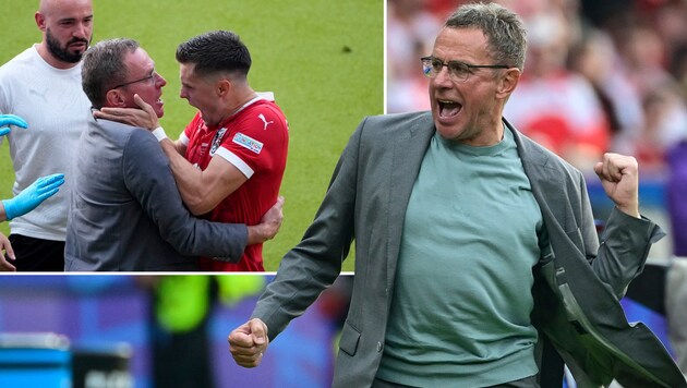 Huge jubilation for Ralf Rangnick and Christoph Baumgartner (Bild: AFP/JOHN MACDOUGALL, AP)