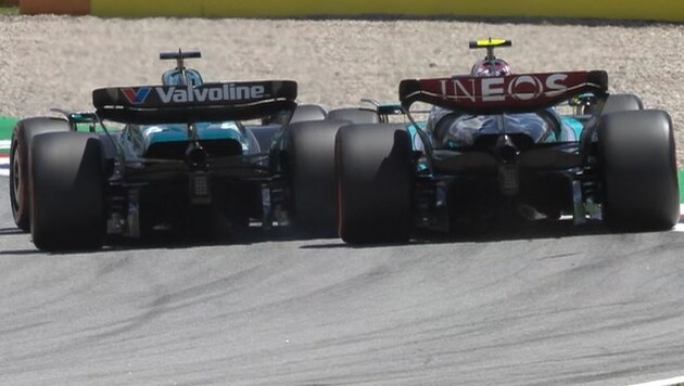 Die Boliden von Lance Stroll (li.) und Lewis Hamilton berührten sich im Training.  (Bild: Screenshot ORF)