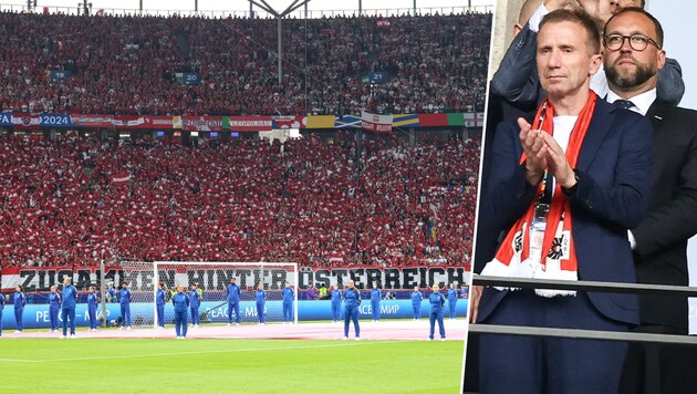 Klaus Mitterdorfer mit dem ÖFB-Schal beim Match gegen Polen (Bild: GEPA)