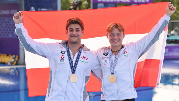 Dariush Lotfi (li.) und Anton Knoll jubelten in Belgrad über EM-Gold im Synchronspringen vom 10-Meter-Turm. (Bild: GEPA pictures)