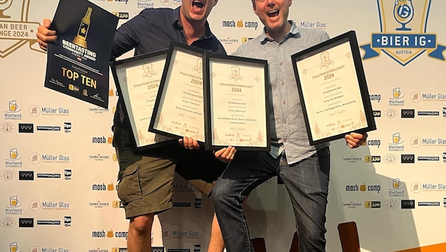 There is great joy at Privatbrauerei Gols: head brewer Markus Sautner and master brewer Johannes Kugler can take home two vice state champion titles. (Bild: Privatbrauerei Gols)