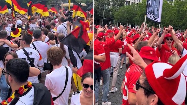 The fans of Germany and Switzerland are ready for the game. (Bild: krone.at)