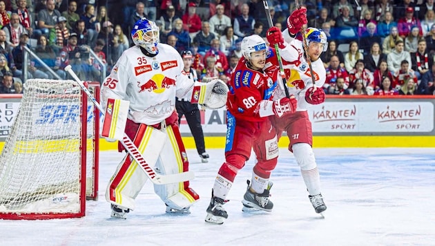 Neo-Eisbulle Niki Kraus (M.) – Eishockeyliga-Finale war der Stürmer noch Gegner von Goalie Atte Tolvanen und Peter Hochkofler.  (Bild: GEPA pictures)