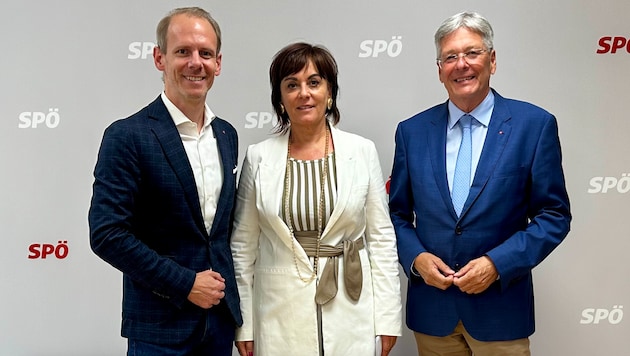 Landesgeschäftsführer Andreas Sucher, Frauenvorsitzende und Nationalratsabgeordnete Petra Oberrauner und Landeshauptmann Peter Kaiser sind bereit für die Nationalratswahl. (Bild: Steiner Clara Milena)