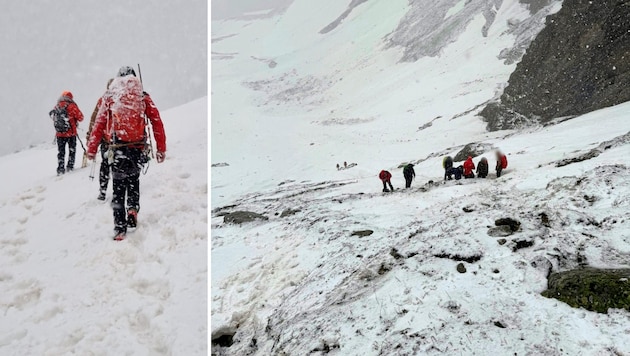 Knapp unterhalb der Schmalzgrubenscharte kamen fünf deutsche Wanderer im steilen, schneebedeckten Gelände nicht mehr weiter. Bergretter aus Pettneu am Arlberg und Kappl brachten sie unter widrigsten Wetterbedingungen in Sicherheit. (Bild: Bergrettung Kappl/Pettneu, Krone KREATIV)