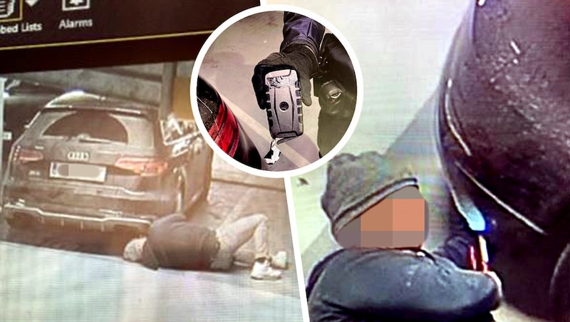 Dedektif bu takip cihazını (küçük yuvarlak resim) Julia Eckhart'ın arabasının altına yerleştirdi. Suçüstü yakalandı. (Bild: Krone KREATIV/zVg)