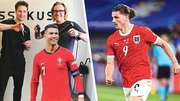 Gero (li.) und Ingo Kuss fachsimpeln über die Frisuren von Ronaldo, Sabitzer und andere EURO-Stars. (Bild: Krone KREATIV/Gepa, Pessentheiner,)