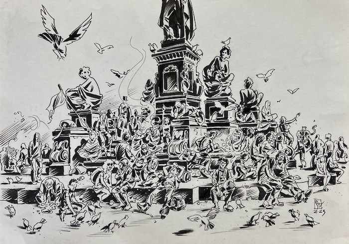 Chris Scheuers Blick auf den Grazer Hauptplatzbrunnen