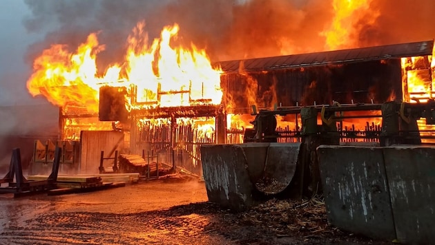 The sawmill was fully engulfed in flames within a very short time. (Bild: FF Obertilliach)