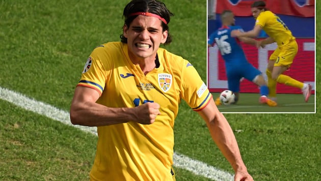 Romania are awarded a penalty - Ianis Hagi celebrates. (Bild: AFP/Kirill KUDRYAVTSEV, Screenshot ServusTV)