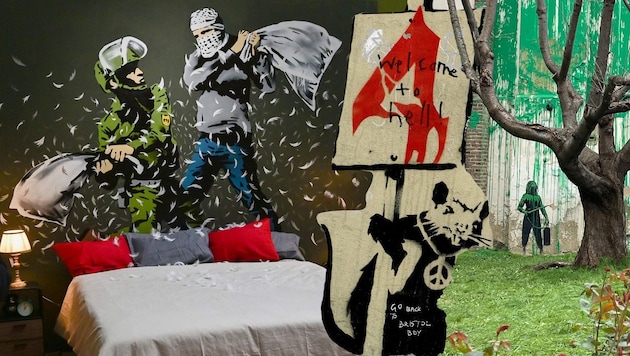 Master of his trade: Banksy often goes where it "hurts" with his stencil graphics, graffiti and installations. (Bild: Rosie Hallam/Eyevine, MIGUEL MEDINA/AFP, Inger Lange/Camera Press (alle picturedesk.com), Krone KREATIV)